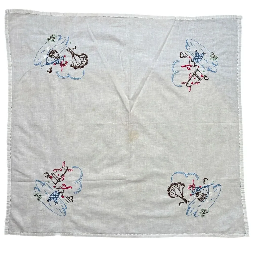 Vintage 50s Cottagecore Embroidered Tablecloth Holiday Dutch Winter Ice Skating